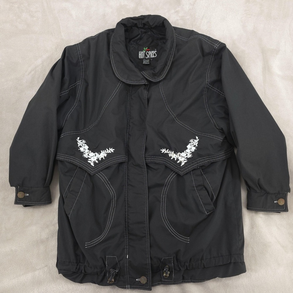 VINTAGE Hot Spices Jacket Womens Medium Black Floral Embroidered Coat